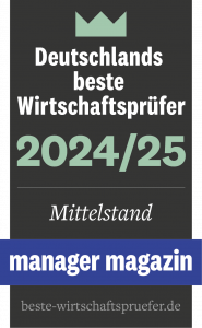 Siegel vom manager magazin mit der Auszeichung als beste Wirtschaftsprüfer Deutschlands 2024/25 Kategorie Mittelstand